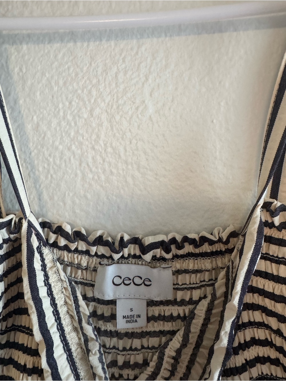 CeCe Black & White Striped Smocked Top with Tie Straps - Picture 3 of 3